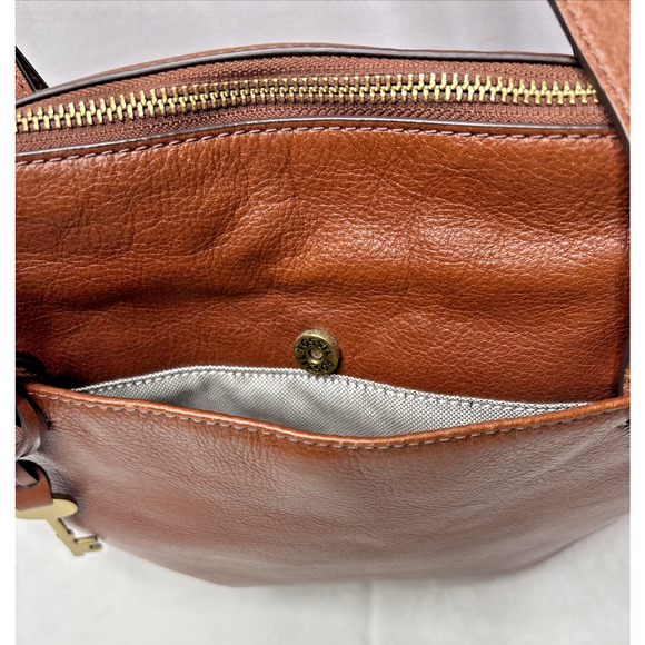 Fossil Brown Leather Zip-Top Tote Bag – Brass Key Charm Shoulder Purse - Picture 5 of 9